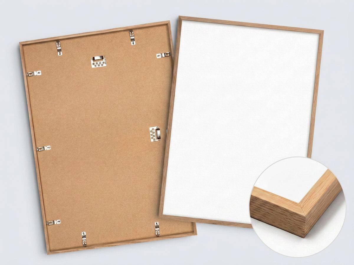 Close-up of a precision-milled framed pet portrait hanging on a wall.